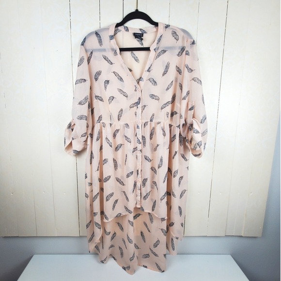 torrid Tops - Torrid Tunic Top Womens 1 Pink Excellent Feather Print High Low Roll Tab Chiffon